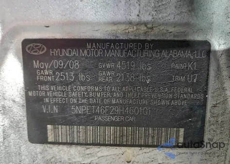 2009 Hyundai Sonata Gls из США, поврежденный, VIN 5NPET46F29H460101